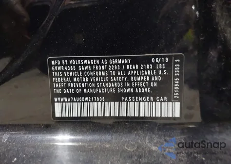 2019 Volkswagen Golf R 2.0T W/Dcc Navigation из США, поврежденный, VIN WVWWA7AU0KW217906